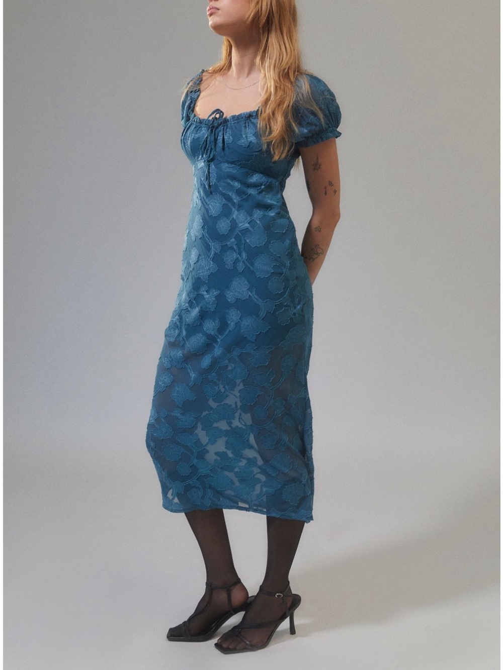 Urban Outfitters Teal Blue Floral Lace Midi Dress